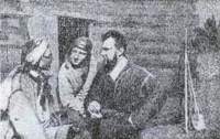 Участники экспедиции (слева направо): Л. А. Кулик, Н. А. Струков и В. А. Сытин около избушки в центре взрыва метеорита (1928)